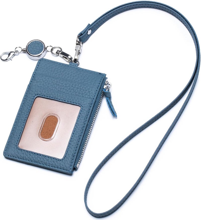 EutDett Leather ID Badge Holder, Lanyard Wallet for Women & Men, Leather Lanyards for id Badges, Women's ID Case with Zipper Pocket for Teacher Nurse Student (Misty Blue) - Image 1